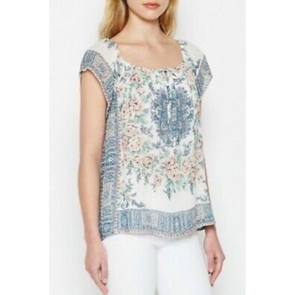 Joie Taj Delft Blue Floral Border Print Silk Flutter Sleeve Peasant Blouse SZ M - Picture 2 of 13